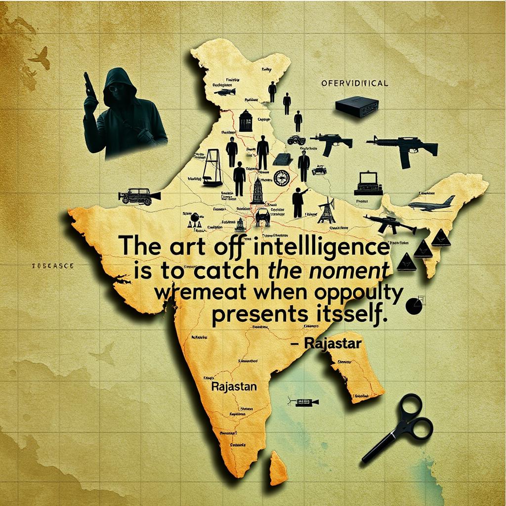 An artistic representation of the map of Rajasthan, India, incorporated with an intelligence spy theme