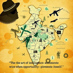 An artistic representation of the map of Rajasthan, India, incorporated with an intelligence spy theme