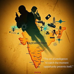 An artistic representation of the map of Rajasthan, India, incorporated with an intelligence spy theme