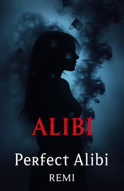 A haunting and surreal novel cover for "Perfect Alibi" by Remi, featuring a woman's silhouette partially dissolving into smoke or shadows