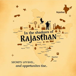 A creative illustration of the map of Rajasthan, India, entwined with elements of espionage