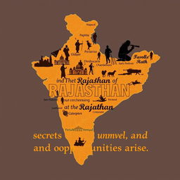 A creative illustration of the map of Rajasthan, India, entwined with elements of espionage