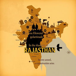 A creative illustration of the map of Rajasthan, India, entwined with elements of espionage