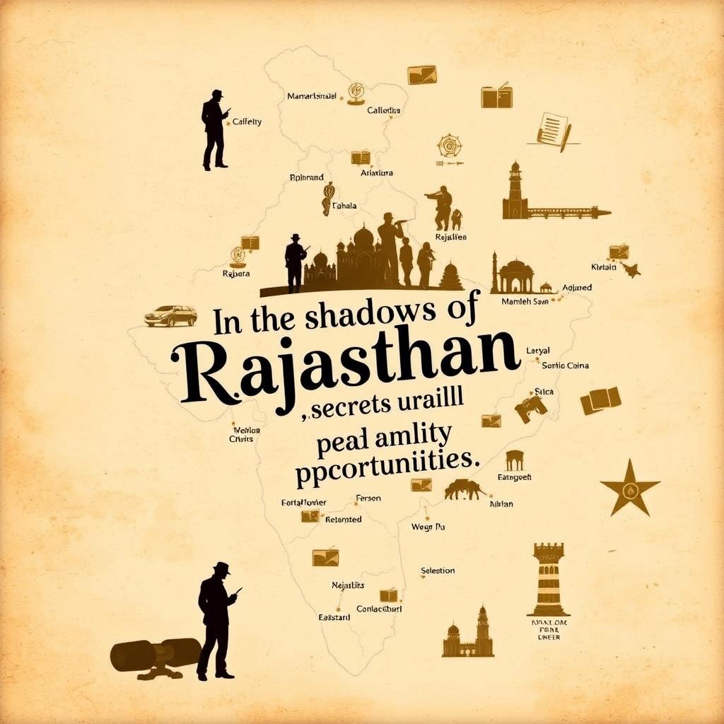 A creative illustration of the map of Rajasthan, India, entwined with elements of espionage