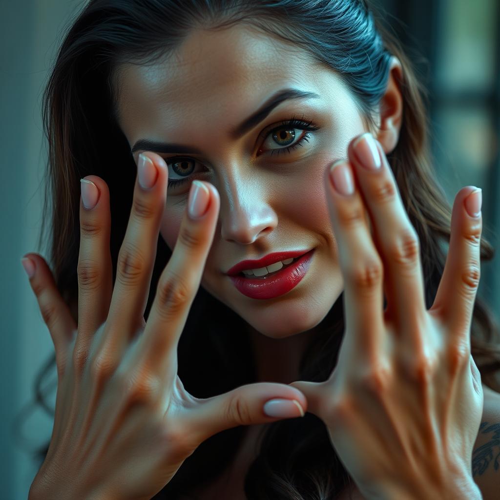 A stunning 40-year-old woman with an enticing expression, looking directly at the camera while striking a sensual pose