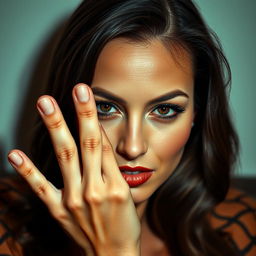 A stunning 40-year-old woman with an enticing expression, looking directly at the camera while striking a sensual pose