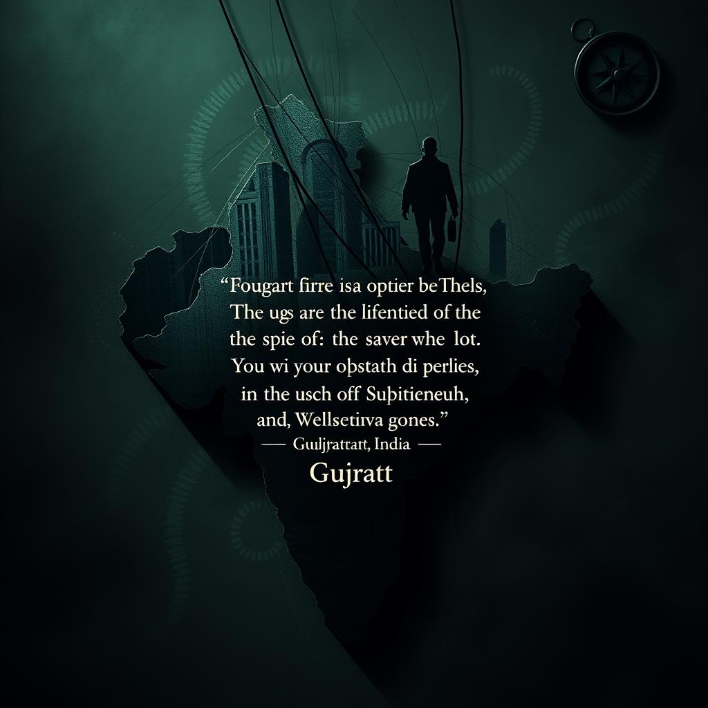 An artistic representation of the map of Gujarat, India, intricately designed to resemble an abstract spy-themed artwork