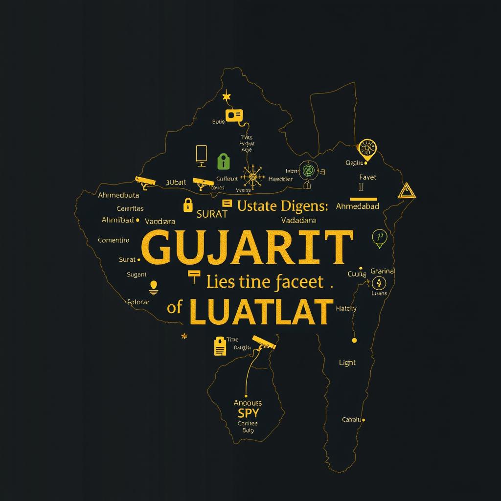 An artistic representation of the Indian state of Gujarat, integrated with a spy agent theme