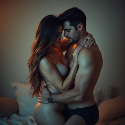A sensual depiction of a beautiful adult couple in a warm, intimate setting, where the focus is on the tenderness and connection between them
