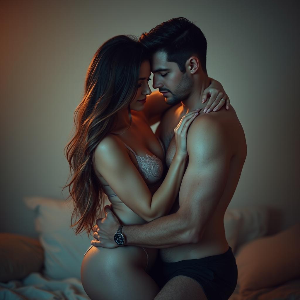 A sensual depiction of a beautiful adult couple in a warm, intimate setting, where the focus is on the tenderness and connection between them