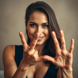 A stunning 40-year-old woman with an alluring expression, showcasing five fingers in a sensual pose, facing the camera directly