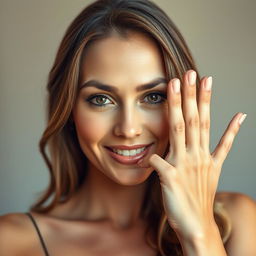 A stunning 40-year-old woman with an alluring expression, showcasing five fingers in a sensual pose, facing the camera directly