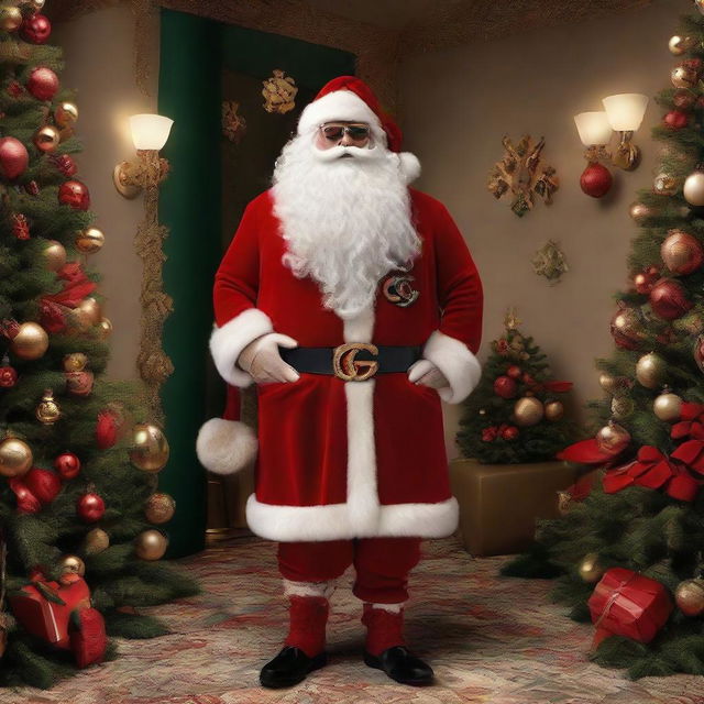 Santa Claus dressed in stylish and luxury Gucci-themed Christmas outfit