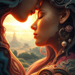 A close-up depiction of a surreal encounter showcasing intricate artistic details and textures, featuring vivid colors and dreamlike elements