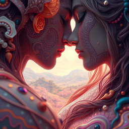 A close-up depiction of a surreal encounter showcasing intricate artistic details and textures, featuring vivid colors and dreamlike elements