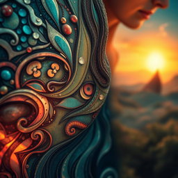 A close-up depiction of a surreal encounter showcasing intricate artistic details and textures, featuring vivid colors and dreamlike elements