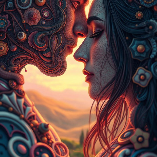A close-up depiction of a surreal encounter showcasing intricate artistic details and textures, featuring vivid colors and dreamlike elements
