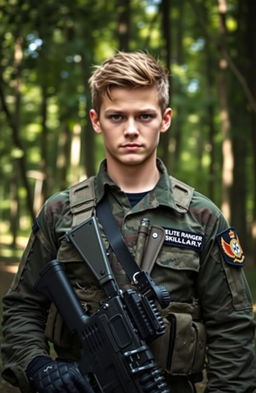 A military ranger soldier boy in full tactical gear, standing confidently in an outdoor environment