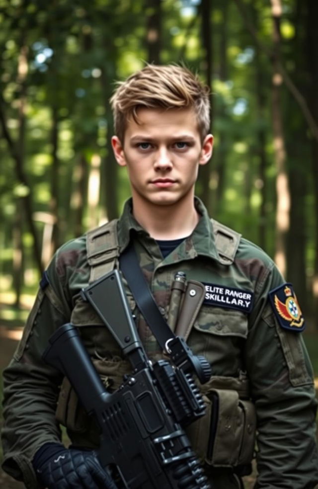 A military ranger soldier boy in full tactical gear, standing confidently in an outdoor environment