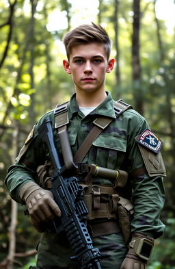 A military ranger soldier boy in full tactical gear, standing confidently in an outdoor environment