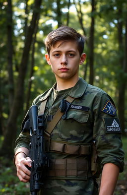 A military ranger soldier boy in full tactical gear, standing confidently in an outdoor environment