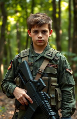 A military ranger soldier boy in full tactical gear, standing confidently in an outdoor environment