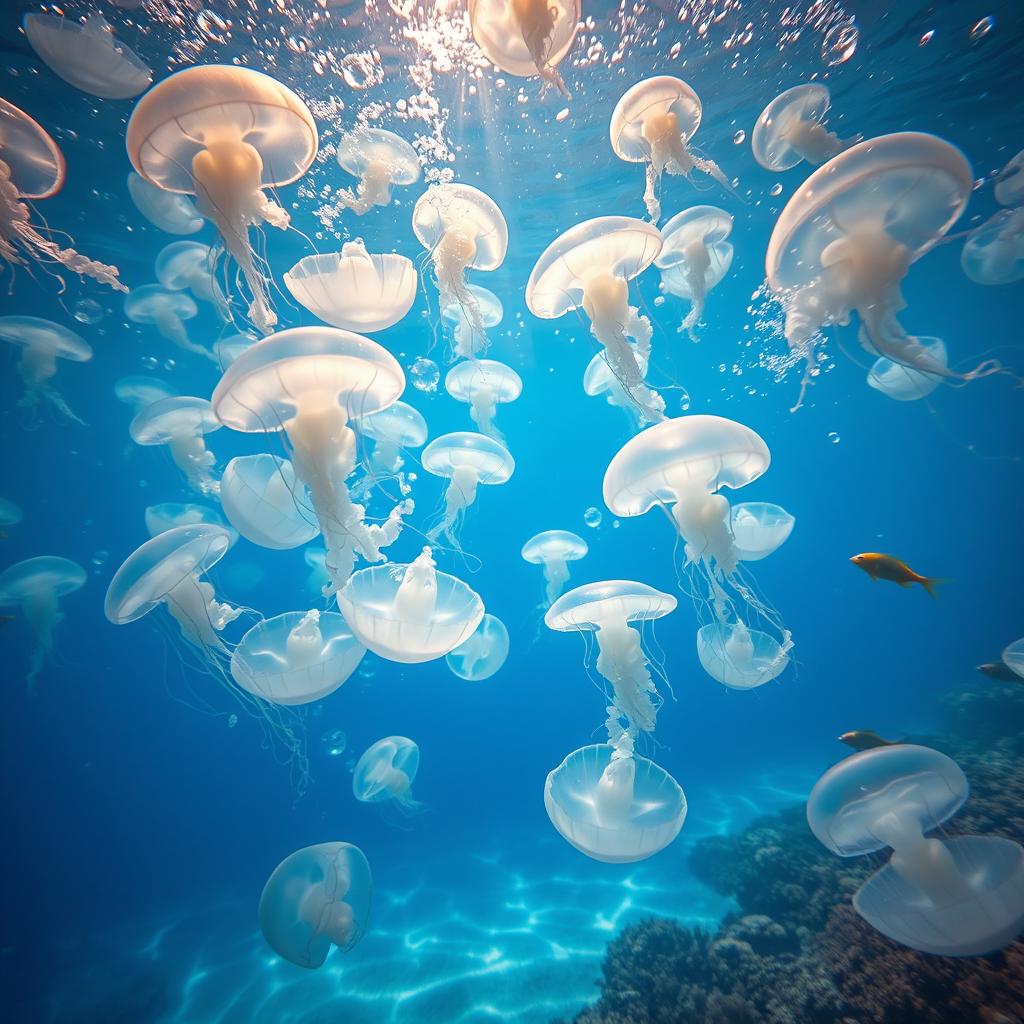An ethereal scene with hundreds of transparent jellyfish gracefully floating in a tranquil sea