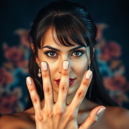 A beautiful 40-year-old woman with a captivating and provocative expression, showing five fingers on one hand