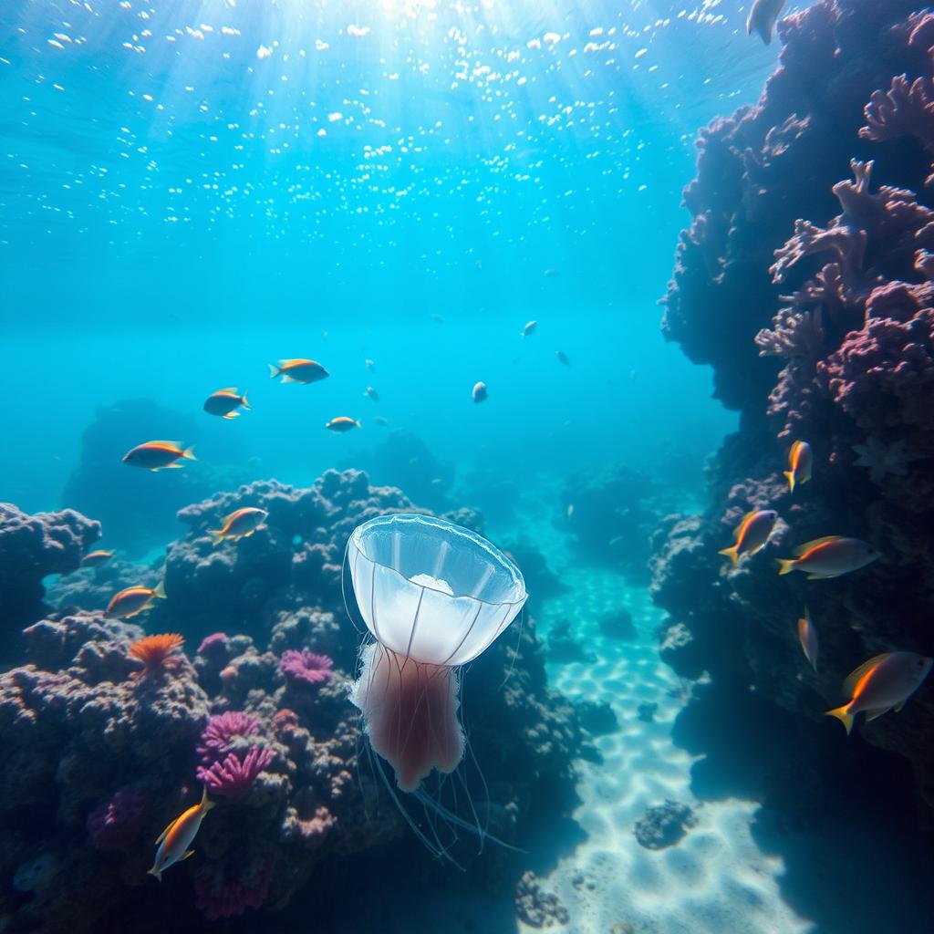 A serene underwater scene showcasing a vibrant coral reef, teeming with colorful fish swimming alongside, the sunlight filtering down through the clear water creating beautiful patterns on the sandy ocean floor