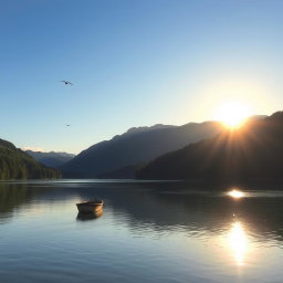 A serene landscape featuring a calm lake surrounded by lush green forests under a clear blue sky, with mountains in the background reflecting on the water's surface