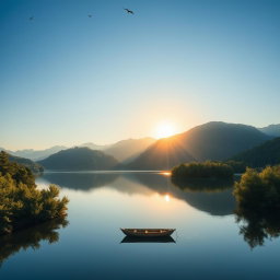 A serene landscape featuring a calm lake surrounded by lush green forests under a clear blue sky, with mountains in the background reflecting on the water's surface