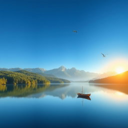 A serene landscape featuring a calm lake surrounded by lush green forests under a clear blue sky, with mountains in the background reflecting on the water's surface