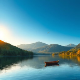A serene landscape featuring a calm lake surrounded by lush green forests under a clear blue sky, with mountains in the background reflecting on the water's surface