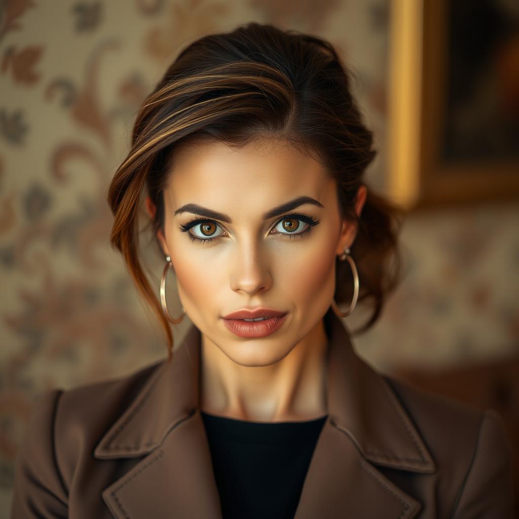 A gorgeous 40-year-old woman, beautifully dressed in a stylish outfit, staring directly at the camera