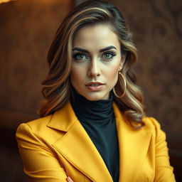 A gorgeous 40-year-old woman, beautifully dressed in a stylish outfit, staring directly at the camera