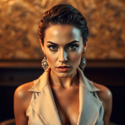 A gorgeous 40-year-old woman, beautifully dressed in a stylish outfit, staring directly at the camera