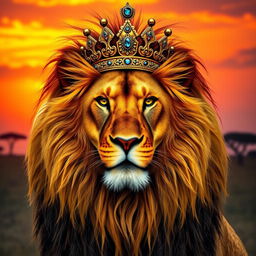 A majestic lion resembling Mufasa from 'The Lion King', wearing a royal golden crown adorned with intricate jewels