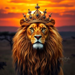 A majestic lion resembling Mufasa from 'The Lion King', wearing a royal golden crown adorned with intricate jewels