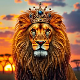 A majestic lion resembling Mufasa from 'The Lion King', wearing a royal golden crown adorned with intricate jewels