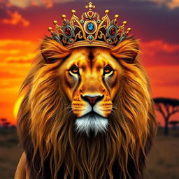 A majestic lion resembling Mufasa from 'The Lion King', wearing a royal golden crown adorned with intricate jewels