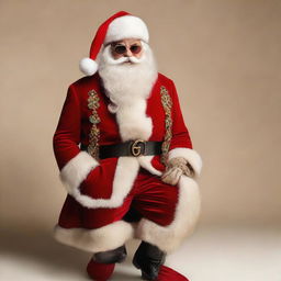 Santa Claus dressed in stylish and luxury Gucci-themed Christmas outfit