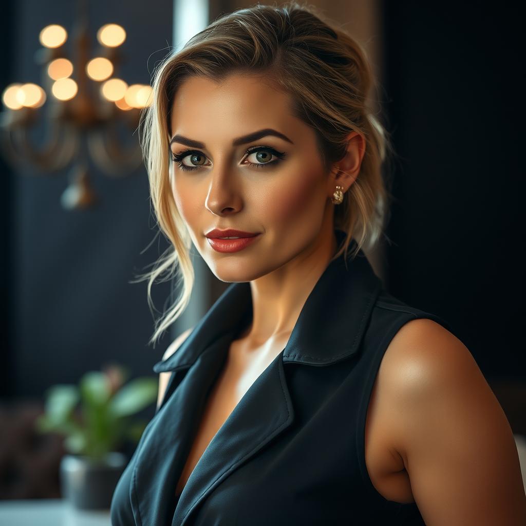 A stunning 40-year-old woman, elegantly dressed in a chic outfit, facing the camera with confidence
