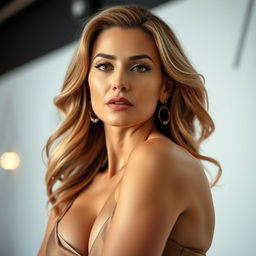 A stunning 40-year-old woman, elegantly dressed in a chic outfit, facing the camera with confidence
