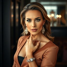 A stunning 40-year-old woman, elegantly dressed in a chic outfit, facing the camera with confidence