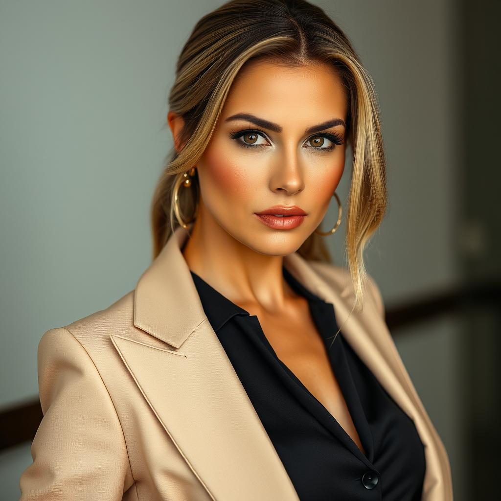 A beautiful 40-year-old woman, elegantly dressed in a fashionable outfit, directly facing the camera with a provocative expression
