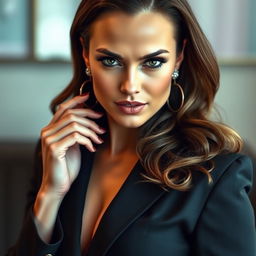 A beautiful 40-year-old woman, elegantly dressed in a fashionable outfit, directly facing the camera with a provocative expression