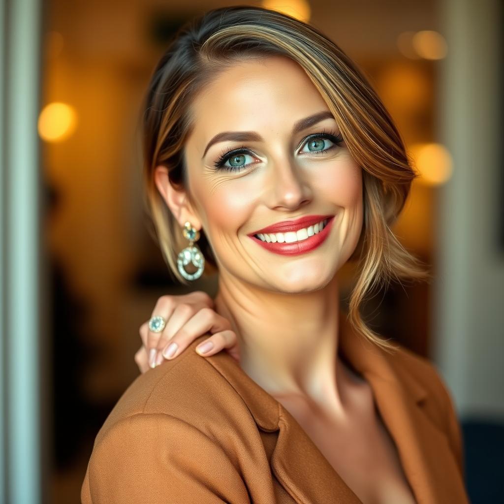 A beautiful 40-year-old woman, elegantly dressed in an attractive outfit, facing the camera with a cheeky and playful expression