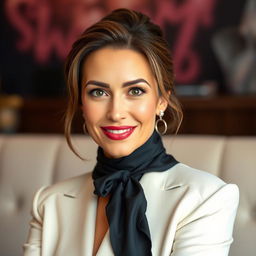A beautiful 40-year-old woman, elegantly dressed in an attractive outfit, facing the camera with a cheeky and playful expression