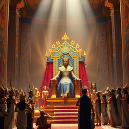 An ornate pharaoh's throne crafted from gold and lapis lazuli, surrounded by an entourage of regal subjects