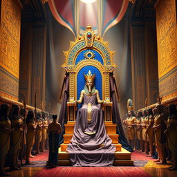 An ornate pharaoh's throne crafted from gold and lapis lazuli, surrounded by an entourage of regal subjects